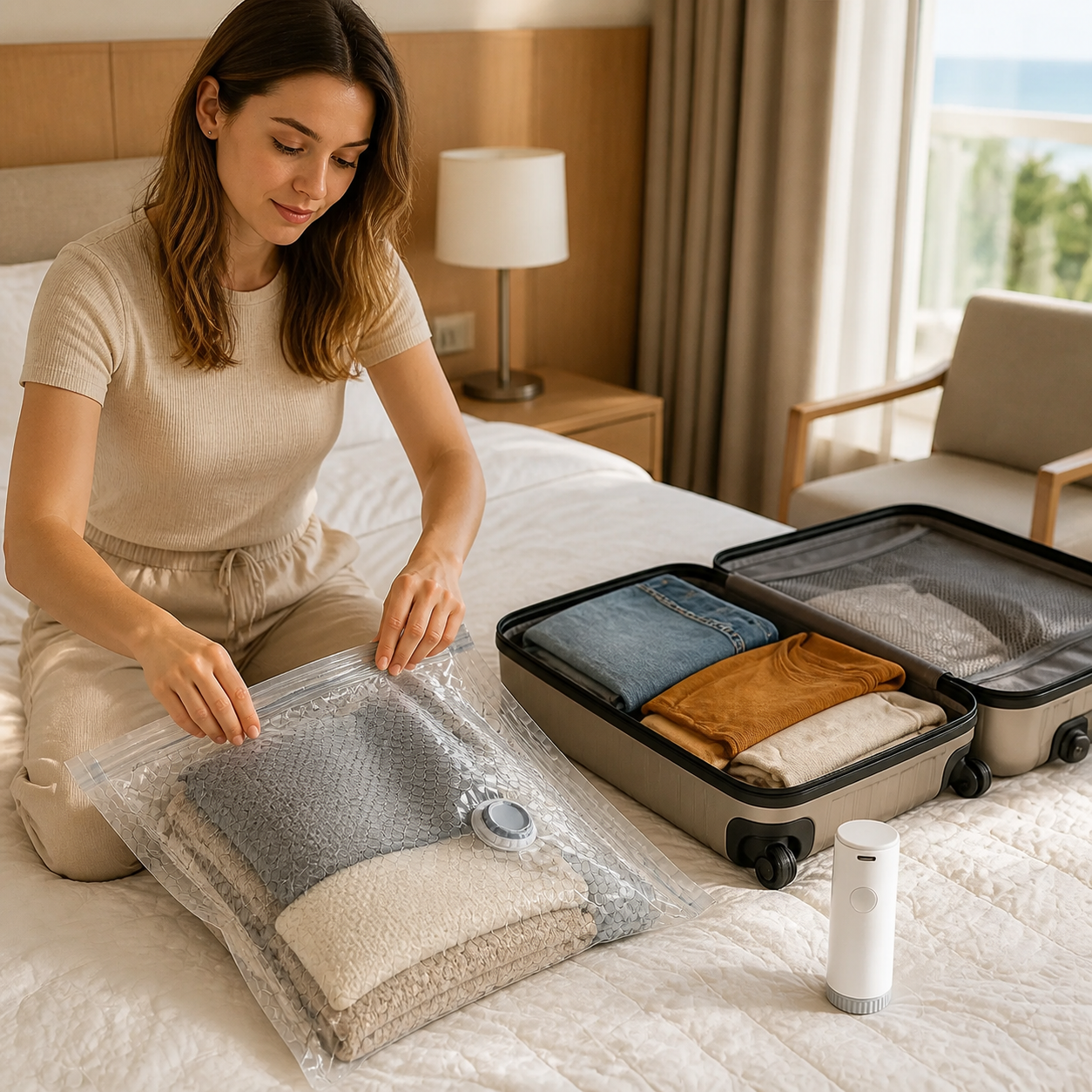 Vacuum-packed clothing stored neatly at home